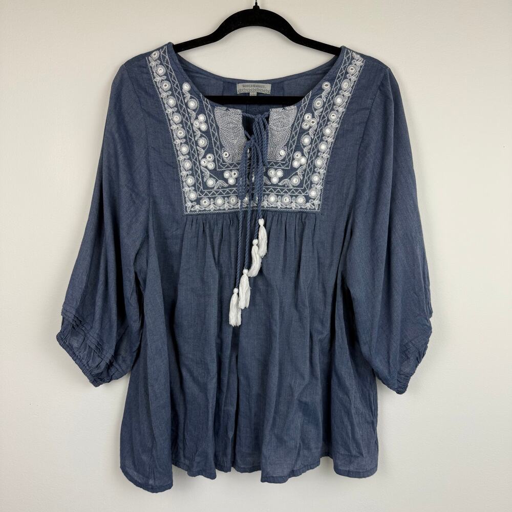 World Market Womens 3/4 Sleeve Tassel Embroidered Flowy Denim Blue Blouse S/M